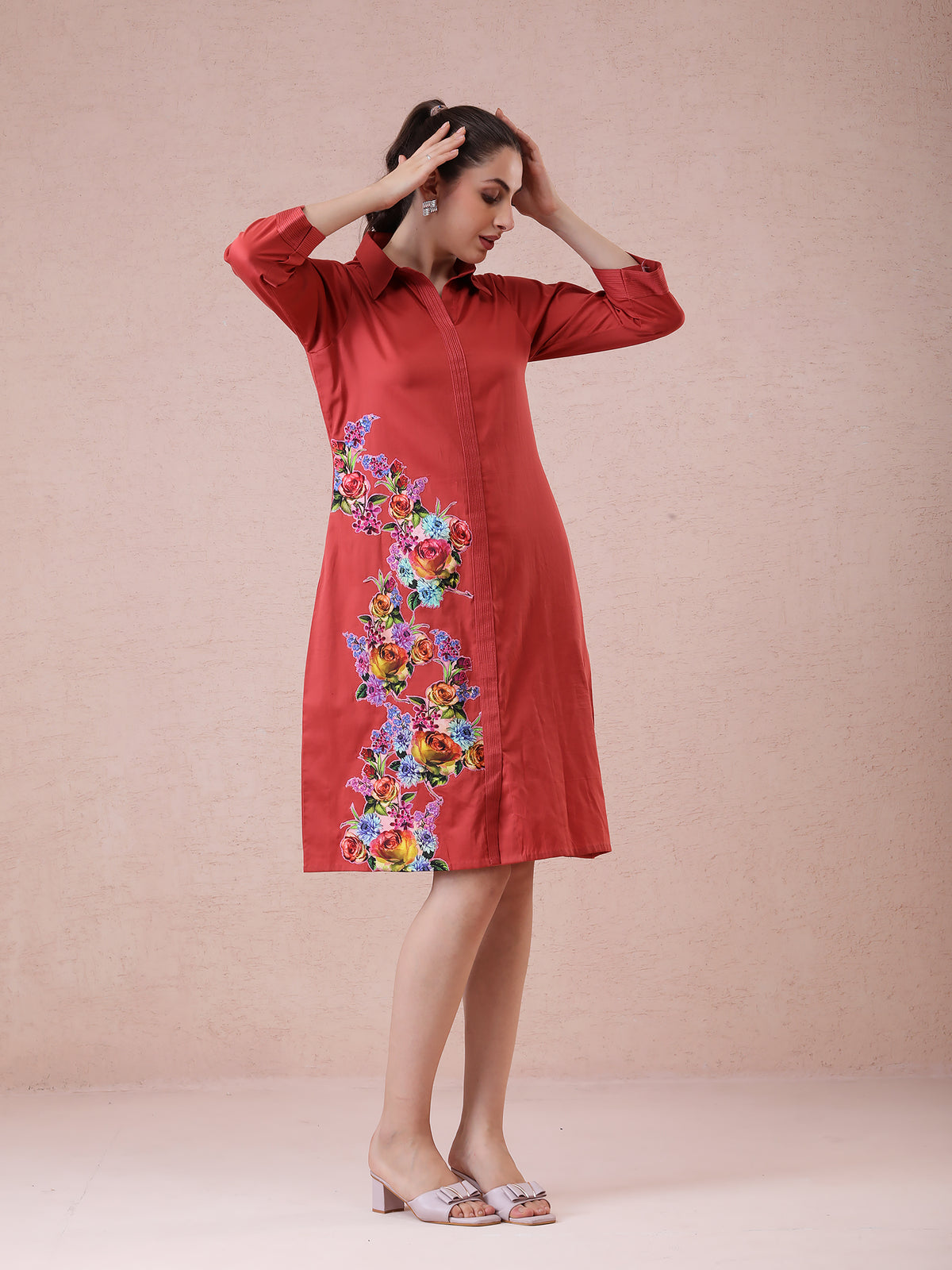 Burnt Orange Modal Satin Shirt Dress with Printed Applique Work — product photo