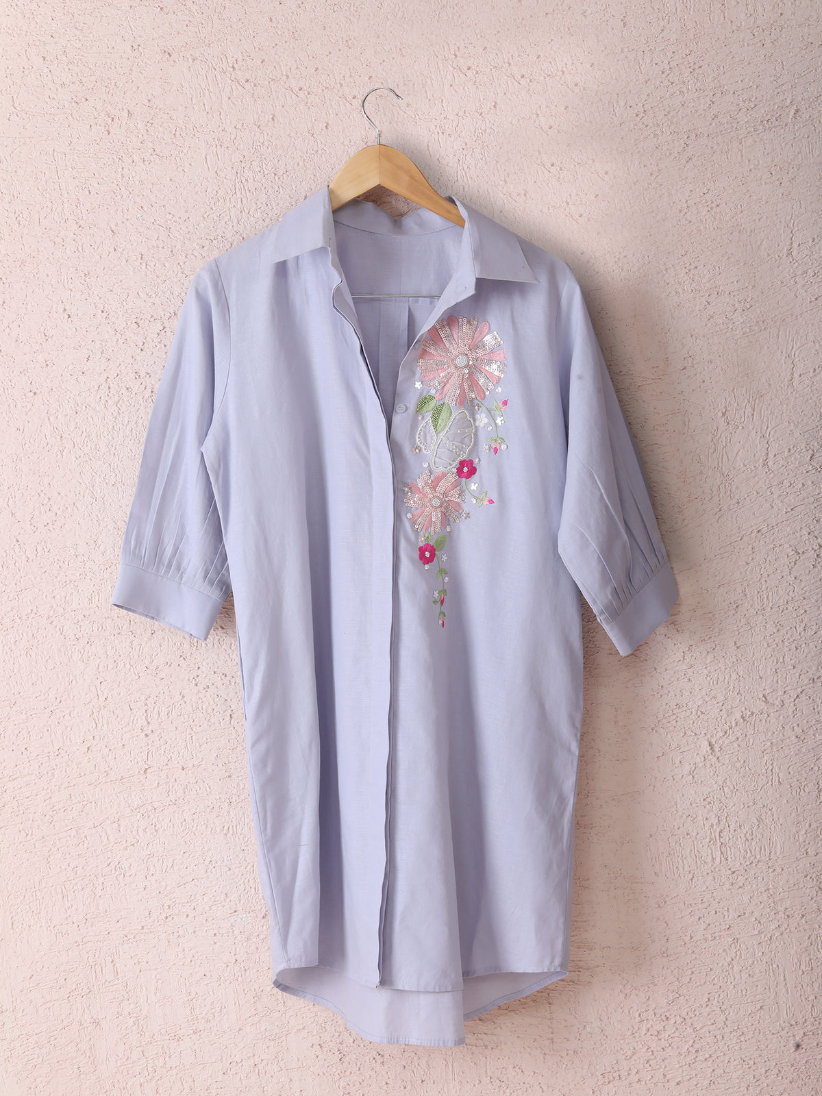 Pastel Pure Linen Shirt Dress with Hand Embroidery