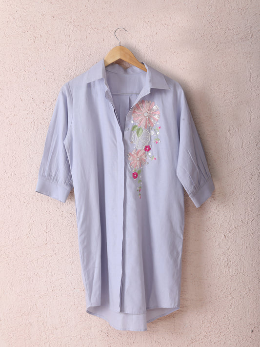 Pastel Pure Linen Shirt Dress with Hand Embroidery
