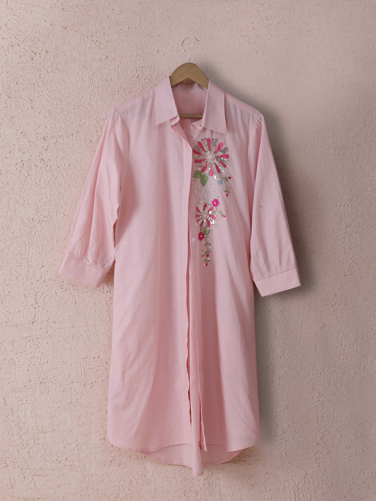 Pastel Pure Linen Shirt Dress with Hand Embroidery — product photo